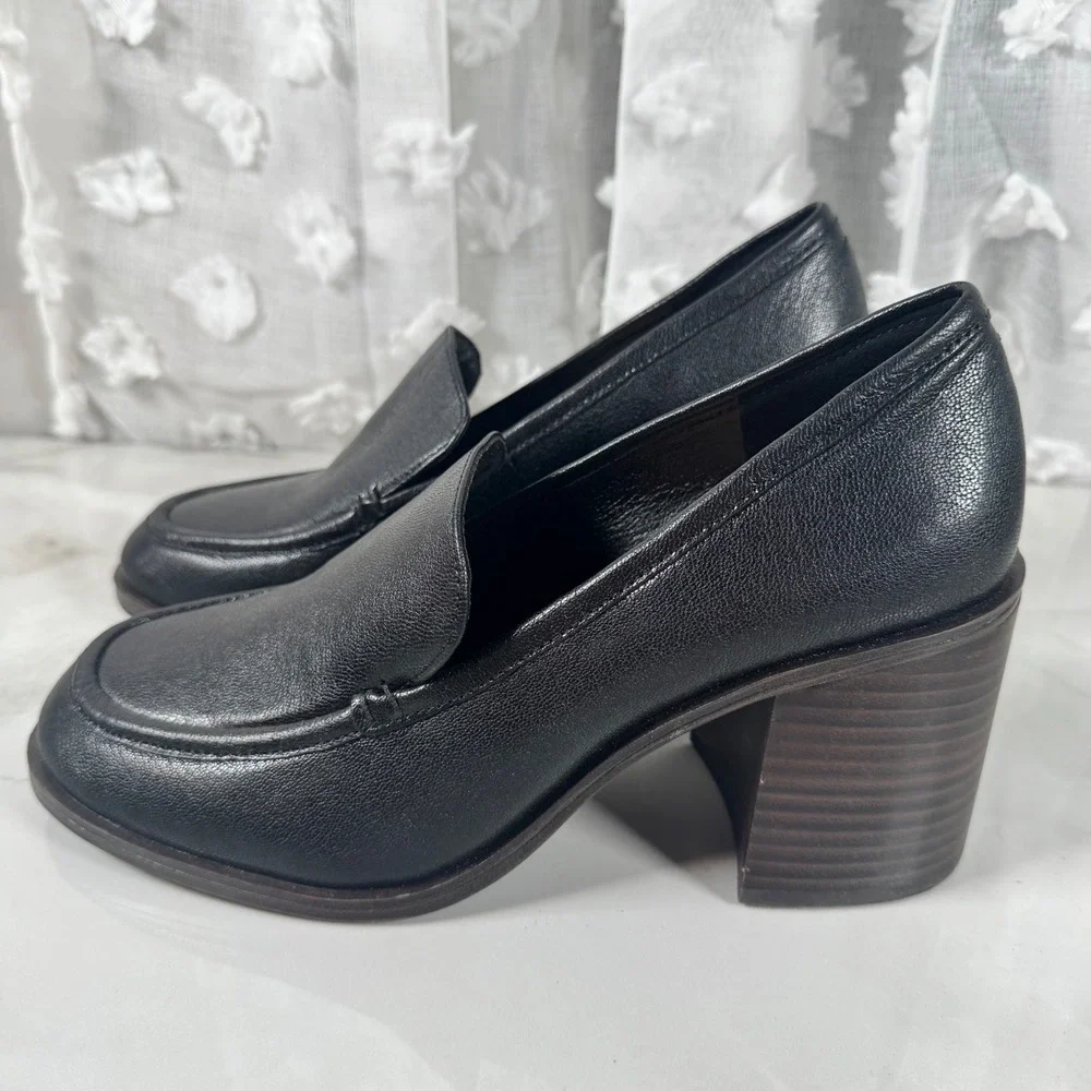 Crown Vintage Caitlun‎ Black Leather Slip On Loafers Pumps Chunky Heel Y2K 9M
